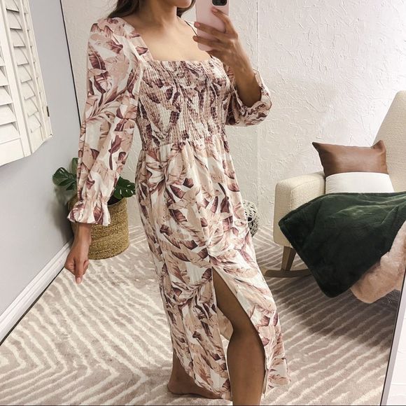 House of Harlow 1960 Womens Large Dress Midi Pink Floral Leaves Puff Sleeves - Picture 1 of 13